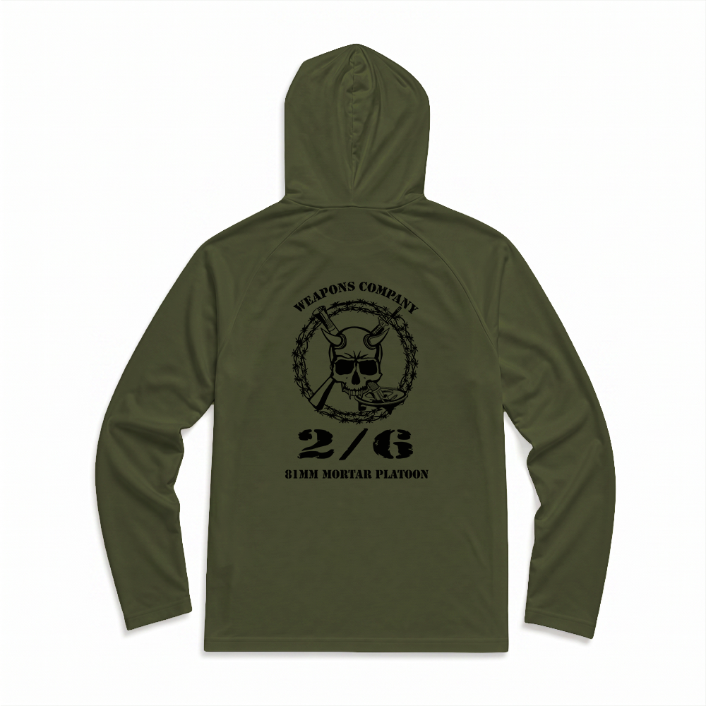 2nd Battalion, 6th Marines, Weapons Company, 81mm Platoon Gen.1 Long Range Performance Tee, Long Sleeve, Sun Hood, OD Green