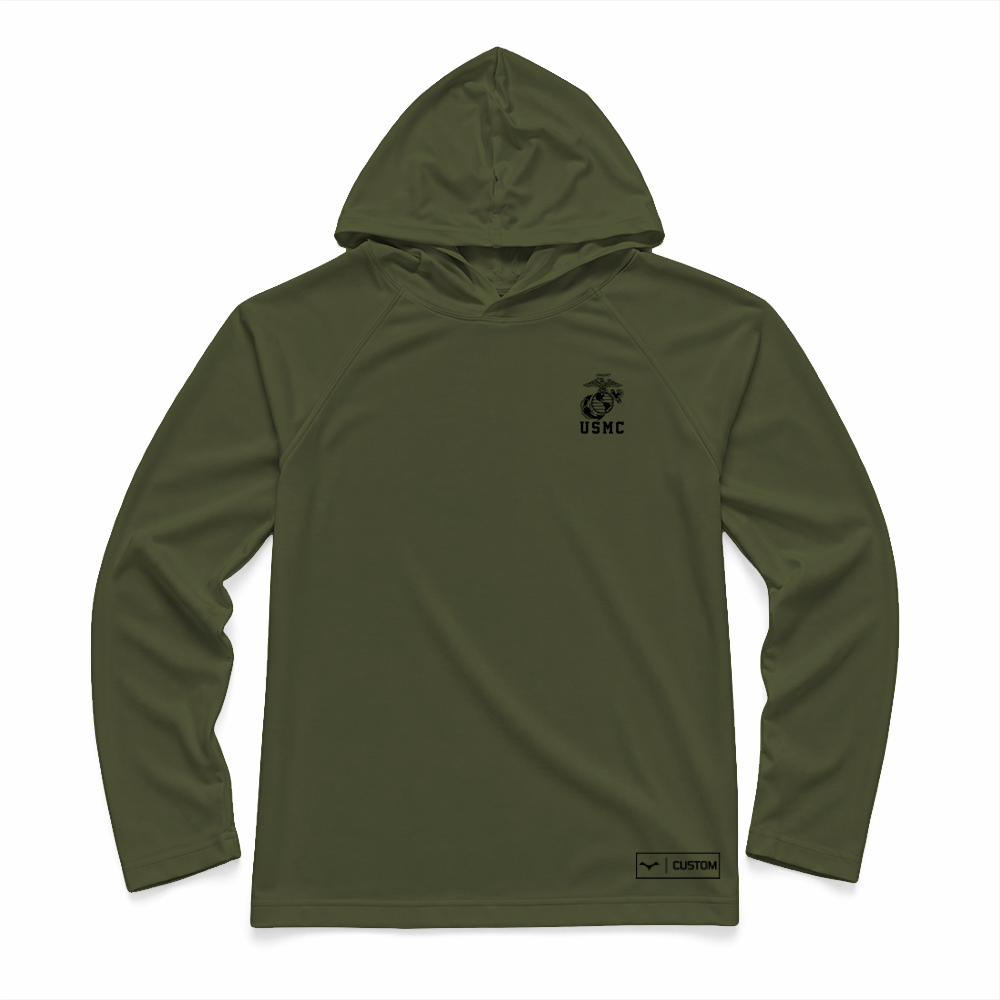 2nd Battalion, 6th Marines, Weapons Company, 81mm Platoon Gen.1 Long Range Performance Tee, Long Sleeve, Sun Hood, OD Green