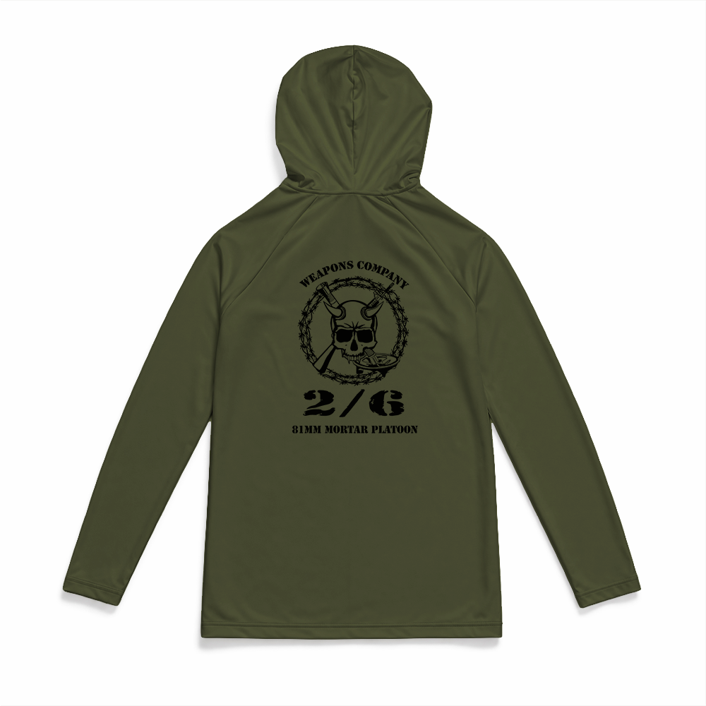 2nd Battalion, 6th Marines, Weapons Company, 81mm Platoon Gen.1 MaxDri Performance Tee, Long Sleeve, Sun Hood, OD Green