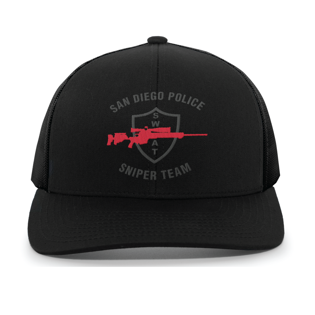 San Diego PD SWAT Sniper Logo Snapback Trucker Hat (104C), Black